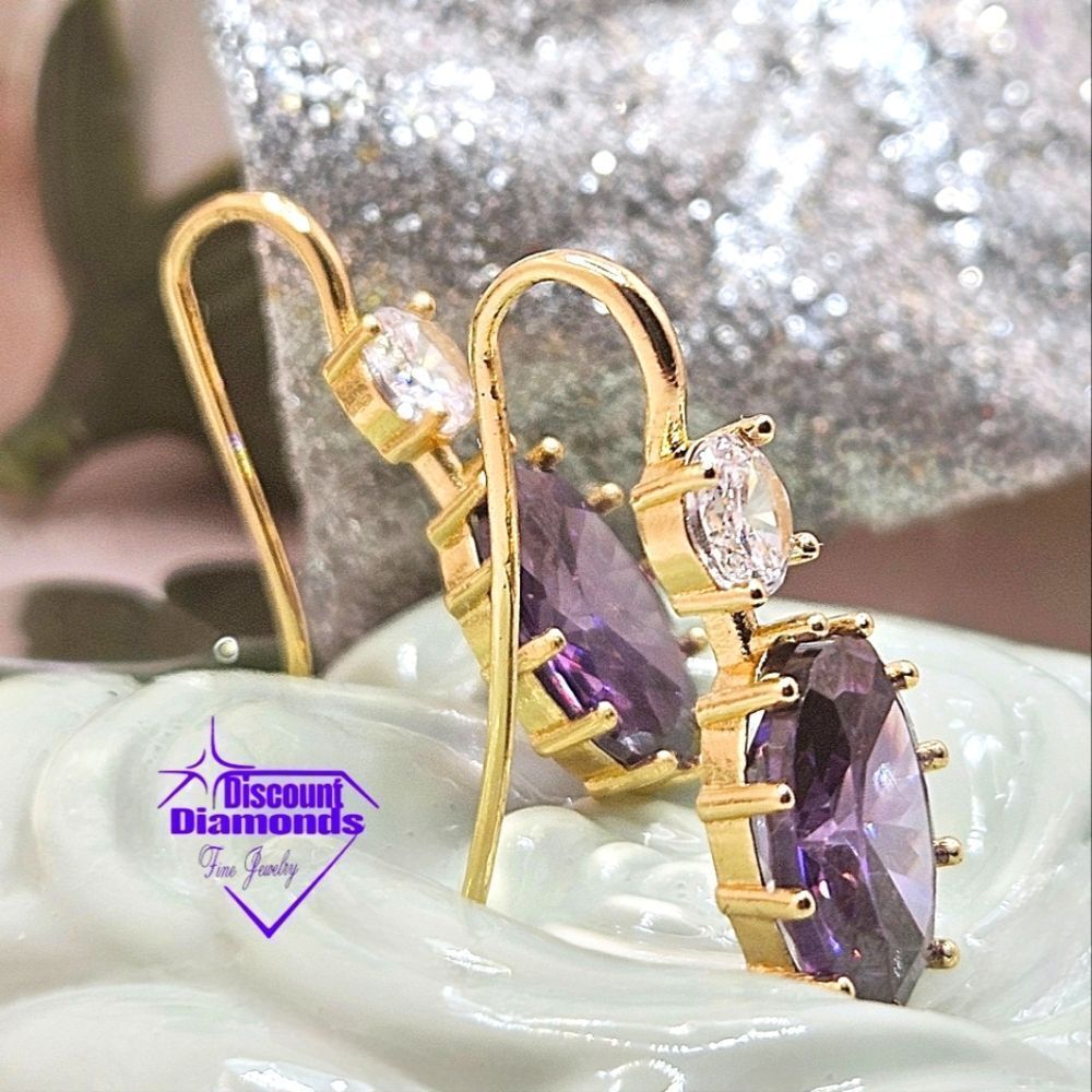 Oval Amethyst (Purple) Earrings 14K Bright Yellow Gold on 925 Silver - Picture 6 of 10